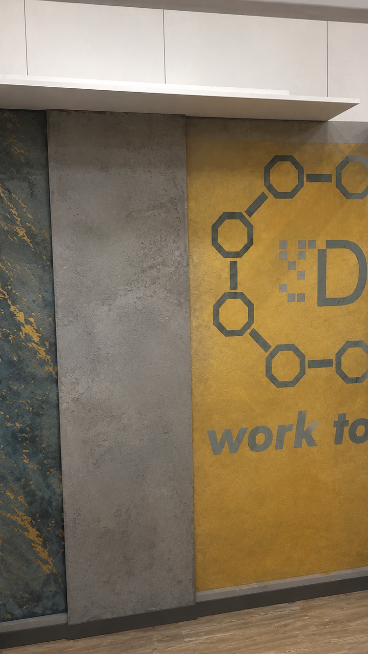Spachteltechnik Wand mit grauer und gelber Farbe, aufgelockerter Text und grafische Elemente.